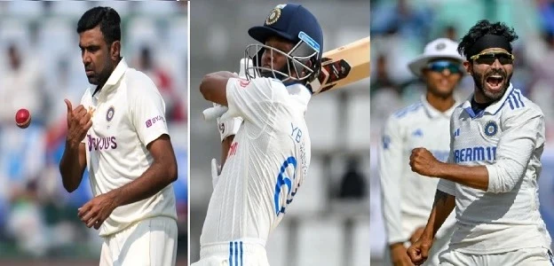 Ravichandran Ashwin celebrates his century while batting alongside Ravindra Jadeja during the first Test match against Bangladesh in Chennai.
