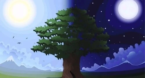 Representation of the Autumnal Equinox, where the sun is directly above the Earth's equator, creating nearly equal day and night durations across the Northern and Southern Hemispheres.