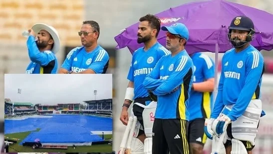कानपुर के ग्रीन पार्क स्टेडियम में बारिश के कारण तीसरे दिन का खेल रद्द, मैदान में खेल शुरू होने की उम्मीद करते हुए भारतीय और बांग्लादेशी खिलाड़ी।