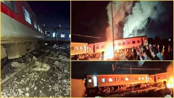 चेन्नई में रेल हादसा, जिसमें मैसूर-दरभंगा बागमती एक्सप्रेस मालगाड़ी से टकरा गई, ट्रेन के 12 डिब्बे पटरी से उतर गए और आग लग गई।