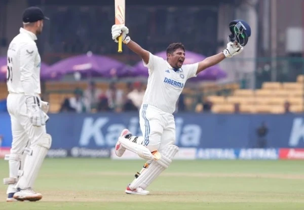 Sarfaraz Khan and Rishabh Pant batting during India vs New Zealand 1st Test Day 4 at M. Chinnaswamy Stadium, Bengaluru.