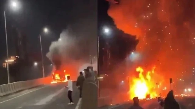 Ambulance carrying a pregnant woman and family explodes in Jalgaon, Maharashtra; all passengers safe due to driver’s quick action.