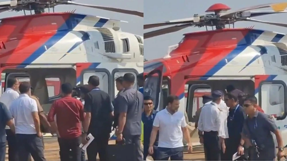 चुनाव आयोग द्वारा महाराष्ट्र के अमरावती में कांग्रेस नेता राहुल गांधी के बैग की जांच करते हुए।