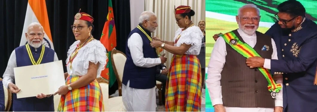 प्रधानमंत्री नरेंद्र मोदी को गुयाना के राष्ट्रपति डॉ. इरफान अली द्वारा 'ऑर्डर ऑफ एक्सीलेंस' से सम्मानित किया गया। यह सम्मान भारत और गुयाना के मजबूत संबंधों का प्रतीक है।