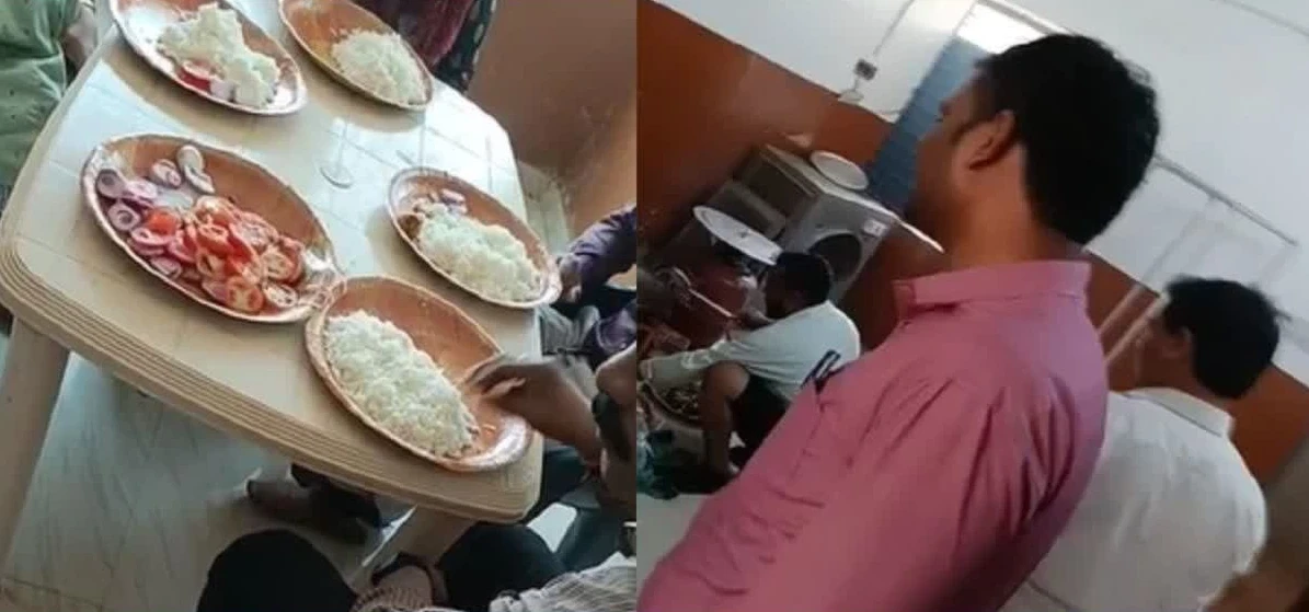 कन्हारपुरी सरकारी अस्पताल के स्टाफ द्वारा मुर्गा पार्टी का आयोजन करते हुए अस्पताल के वार्ड में चूल्हे पर मुर्गा पकाते हुए कर्मचारियों की तस्वीर।