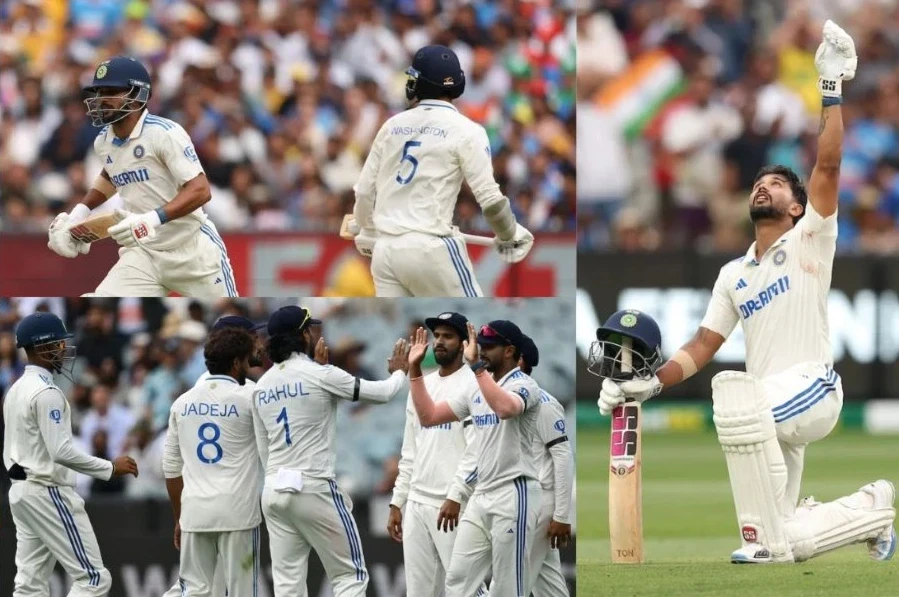 नीतीश रेड्डी मेलबर्न में शतक के बाद जश्न मनाते हुए। पृष्ठभूमि में उनके पिता मुतयाला रेड्डी भावुक नजर आ रहे हैं। भारतीय टीम संकट में, लेकिन रेड्डी की पारी से उम्मीदें बरकरार।