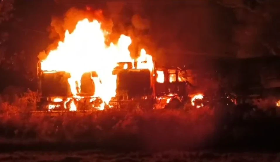 Baloda Bazaar-Raipur Road accident at Gora village where a diesel tanker collided with a stationary trailer, leading to a massive fire that burned the driver to death and destroyed the tanker.