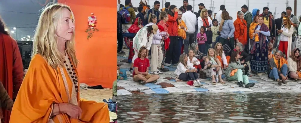 महाकुंभ 2025 में लॉरेन पॉवेल जॉब्स भगवा वस्त्र पहनकर रथ पर सवार होकर संगम तट पर शाही स्नान के लिए पहुंचीं, स्वामी कैलाशानंद सरस्वती के साथ।