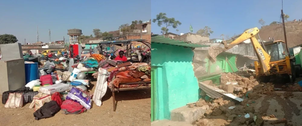 Bulldozer action at Mahamaya Pahad to remove illegal encroachments in Ambikapur.