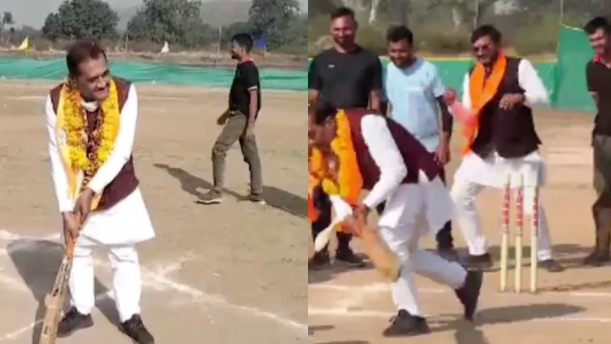 मध्यप्रदेश के पूर्व मंत्री राम खेलावन पटेल क्रिकेट के मैदान में बैलेंस खोकर गिर पड़े, वीडियो सोशल मीडिया पर वायरल।