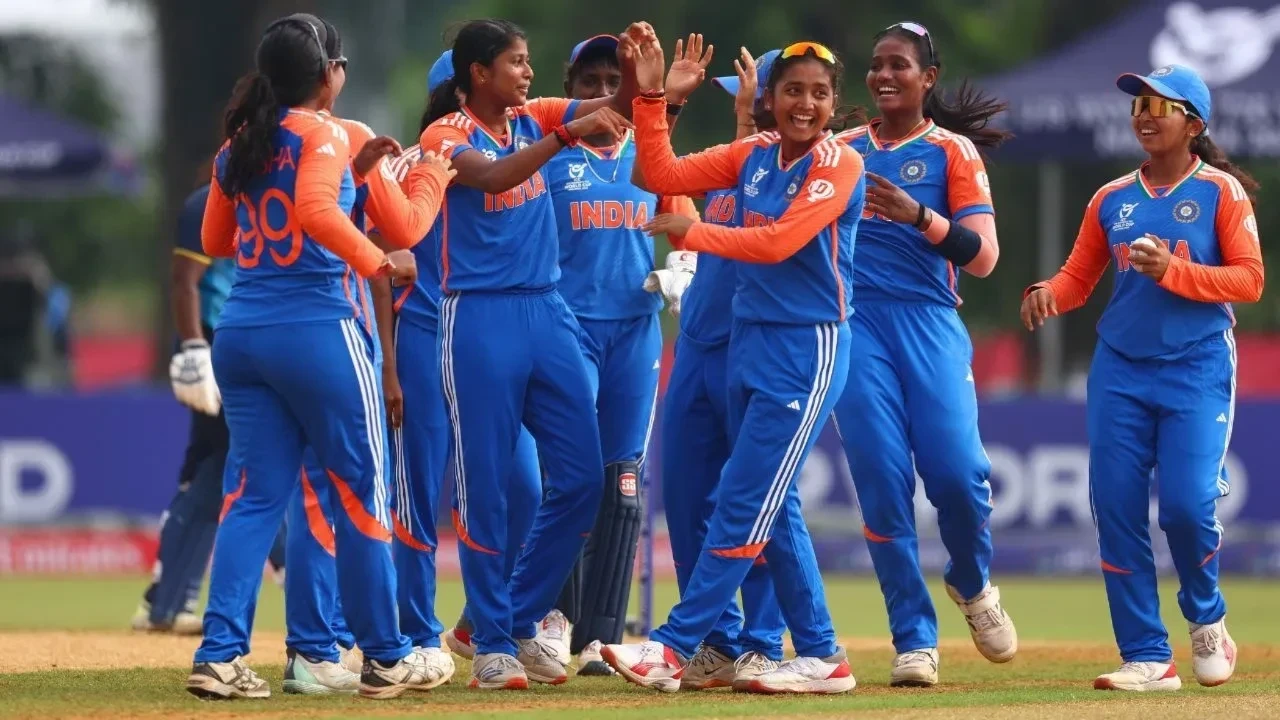 Indian Women’s U19 cricket team celebrating their victory over England in the semi-final of the T20 World Cup.