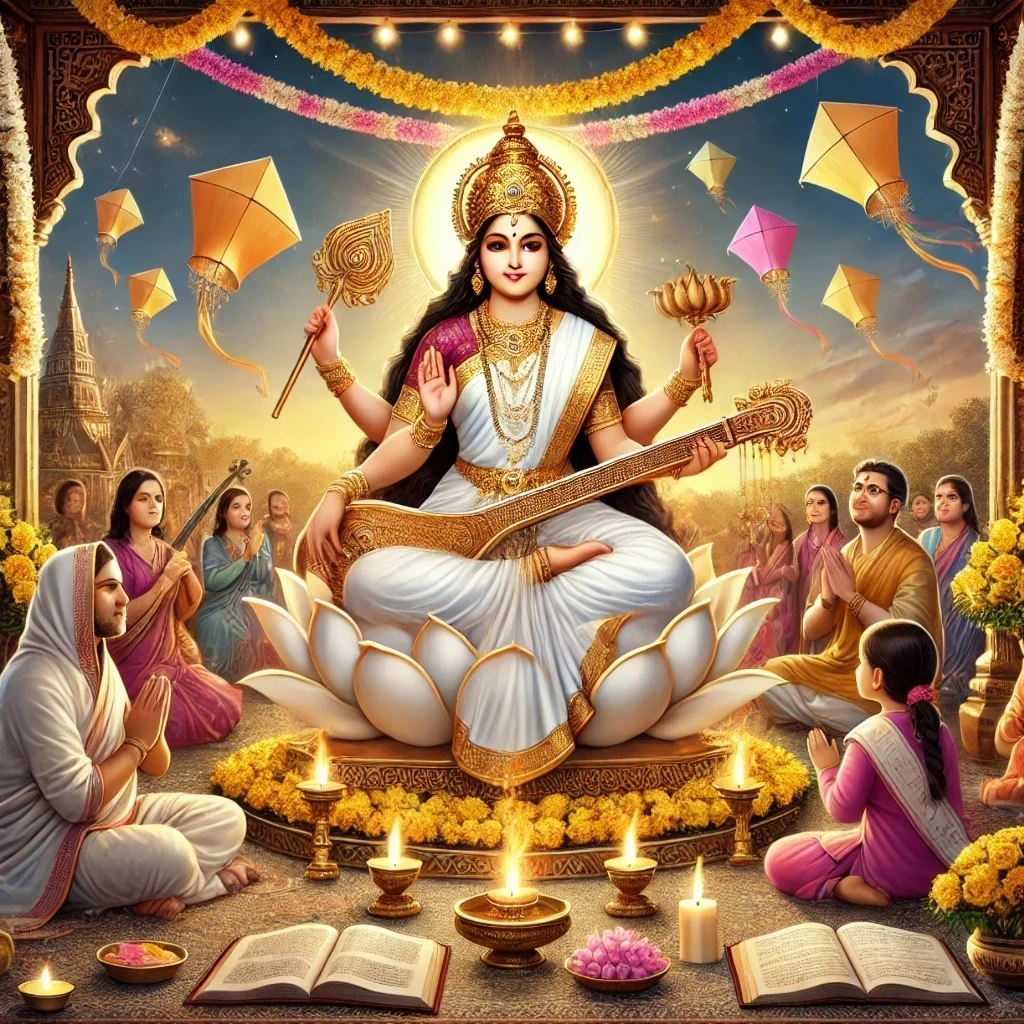 बसंत पंचमी के शुभ अवसर पर देवी सरस्वती की पूजा और बसंत ऋतु का स्वागत।