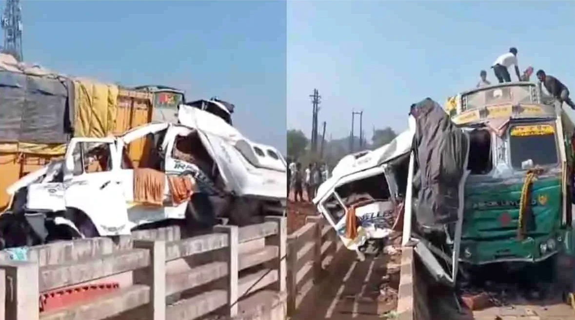 जबलपुर के सिहोरा में ट्रक और ट्रेवलर की टक्कर से हुई दुर्घटना का दृश्य, जिसमें 7 तीर्थयात्रियों की मृत्यु हुई।