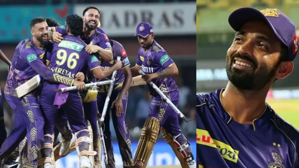 कोलकाता नाइट राइडर्स के नए कप्तान अजिंक्य रहाणे और उपकप्तान वेंकटेश अय्यर IPL 2025 के लिए टीम का नेतृत्व करते हुए।