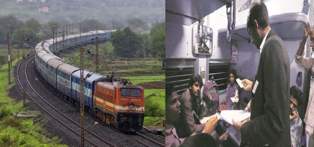 Indian Railways official checking tickets during a special campaign, with text overlay: '2.16 crore ticketless passengers caught in 2023-24, ₹562 crore recovered.