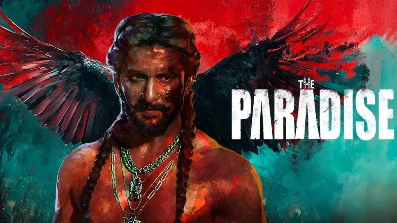 नानी की फिल्म ‘द पैराडाइज’ का पोस्टर, राइफल और पक्षियों के साथ, 26 मार्च 2026 को 8 भाषाओं में रिलीज।