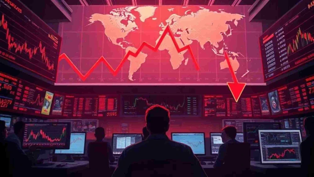 मुंबई शेयर बाजार में भारी गिरावट, सेंसेक्स और निफ्टी पर ट्रंप के टैरिफ फैसले का असर, मारुति सुजुकी और टाटा स्टील के शेयर।