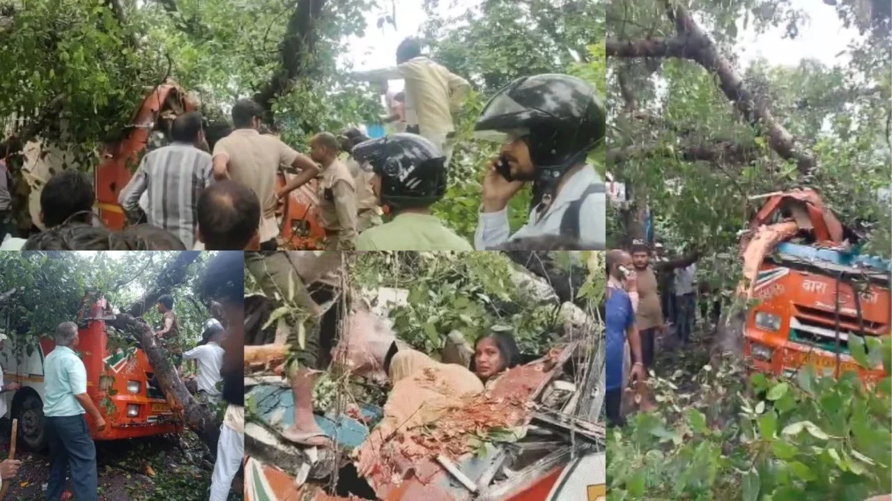 बाराबंकी में रोडवेज बस पर गिरा विशाल पेड़, हादसे में क्षतिग्रस्त बस और बचाव कार्य।