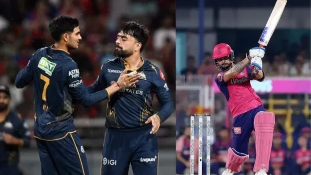 नरेंद्र मोदी स्टेडियम में गुजरात टाइटंस और राजस्थान रॉयल्स के बीच IPL मैच का दृश्य