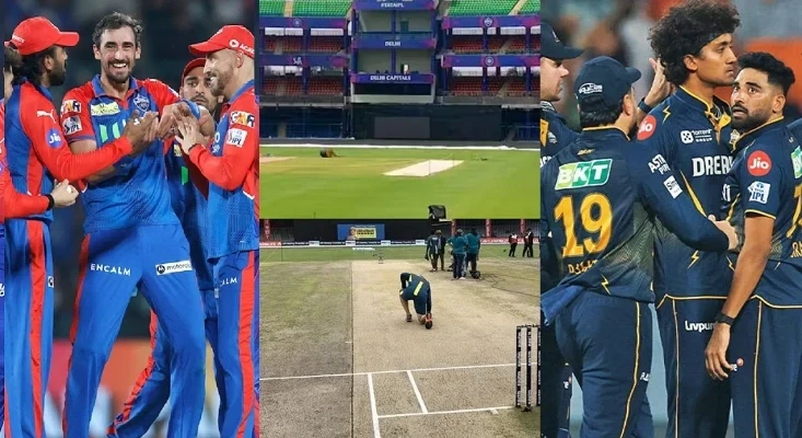 दिल्ली कैपिटल्स और गुजरात टाइटंस के बीच आईपीएल मैच, जिसमें खिलाड़ी मैदान पर खेलते हुए दिखाई दे रहे हैं।