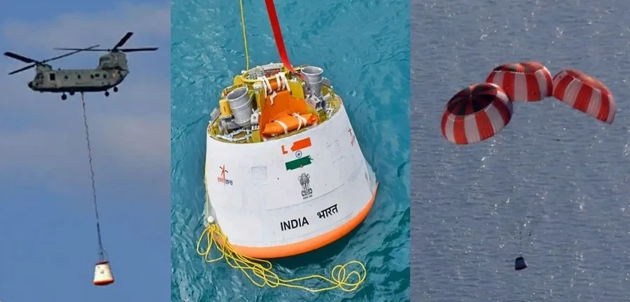 गगनयान मिशन के परीक्षण के दौरान डमी क्रू मॉड्यूल को हवा से गिराते हुए, जिसमें पैराशूट सिस्टम की जांच की जा रही है।