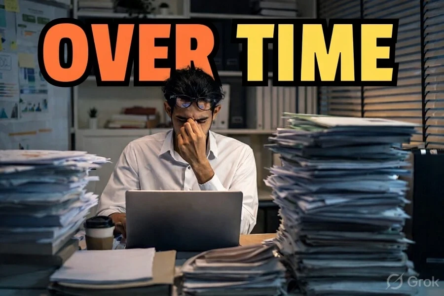 एक थका हुआ ऑफिस कर्मचारी देर रात लैपटॉप पर काम करते हुए, आसपास फाइलों का ढेर, जो ओवरटाइम और कार्यभार को दर्शाता है।