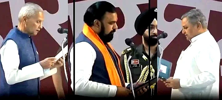 सम्राट चौधरी बिहार के मुख्यमंत्री पद की शपथ लेते हुए, साथ में विजय चौधरी और बिजेंद्र यादव डिप्टी सीएम के रूप में मौजूद।