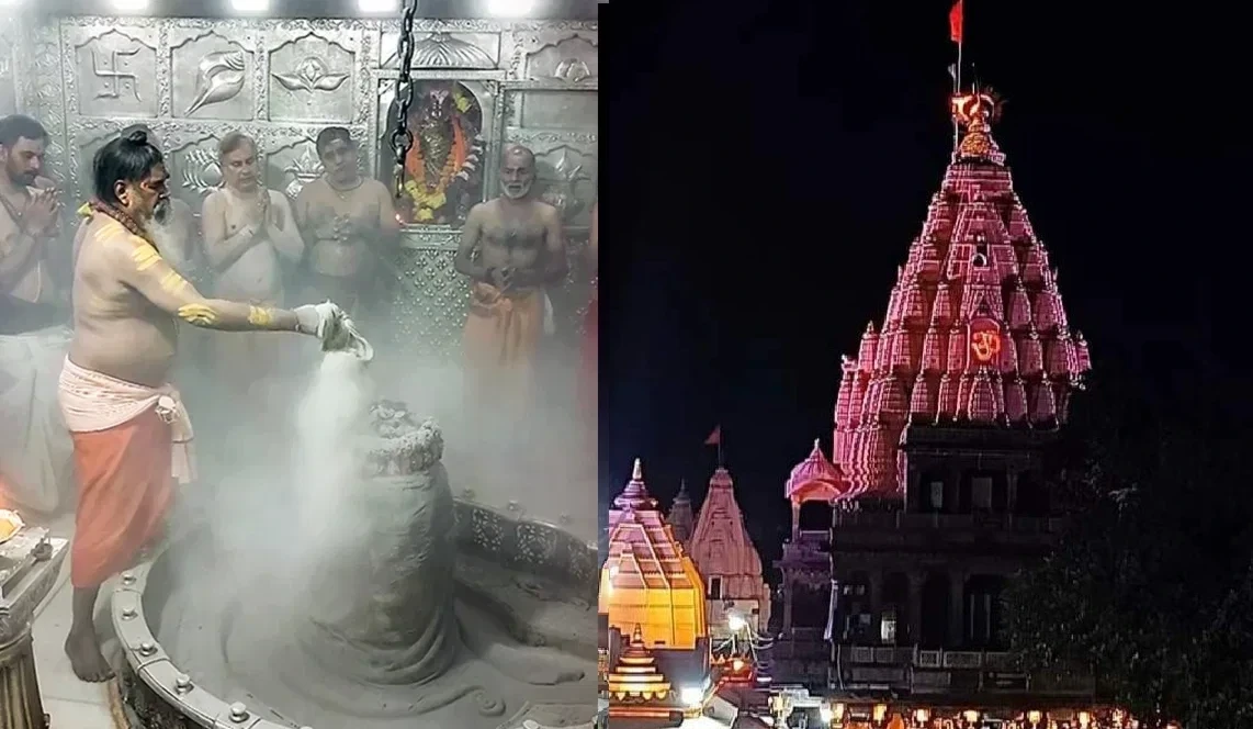 उज्जैन के महाकालेश्वर मंदिर में भस्म आरती के दौरान भगवान शिव के दर्शन करते श्रद्धालु।