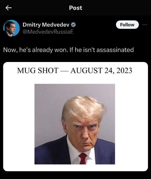 Image: Dmitry Medvedev's social media post featuring a picture of Donald Trump from his formal arrest in August 2023