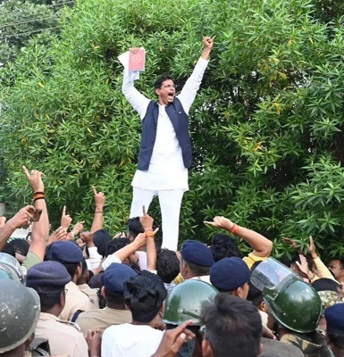 "Youth Congress members, led by State President Akash Sharma, protesting and participating in the Jail Bharo Andolan against the arrest of Congress MLA Devendra Yadav in the Balodabazar violence case."